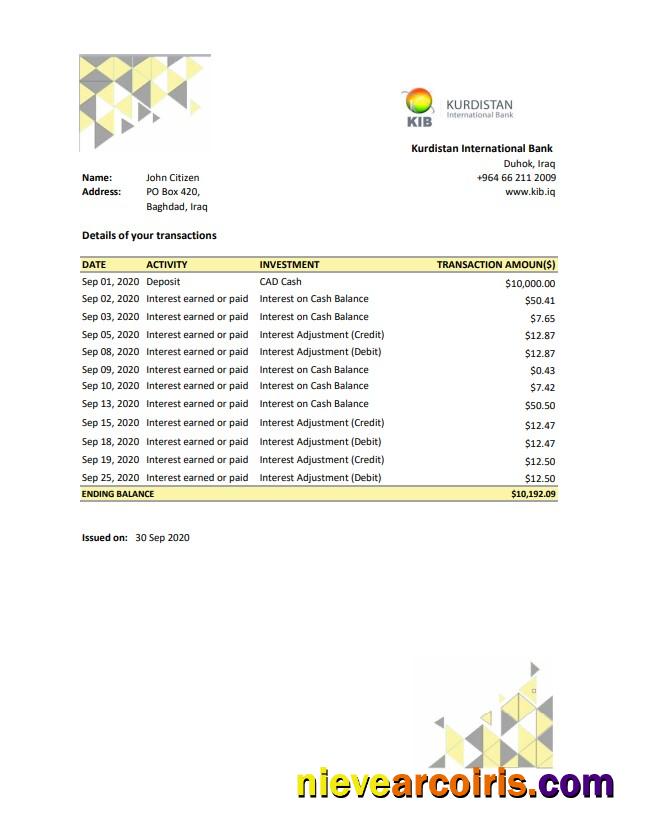 Iraq Kurdistan International Bank proof of address statement in Excel and PDF format